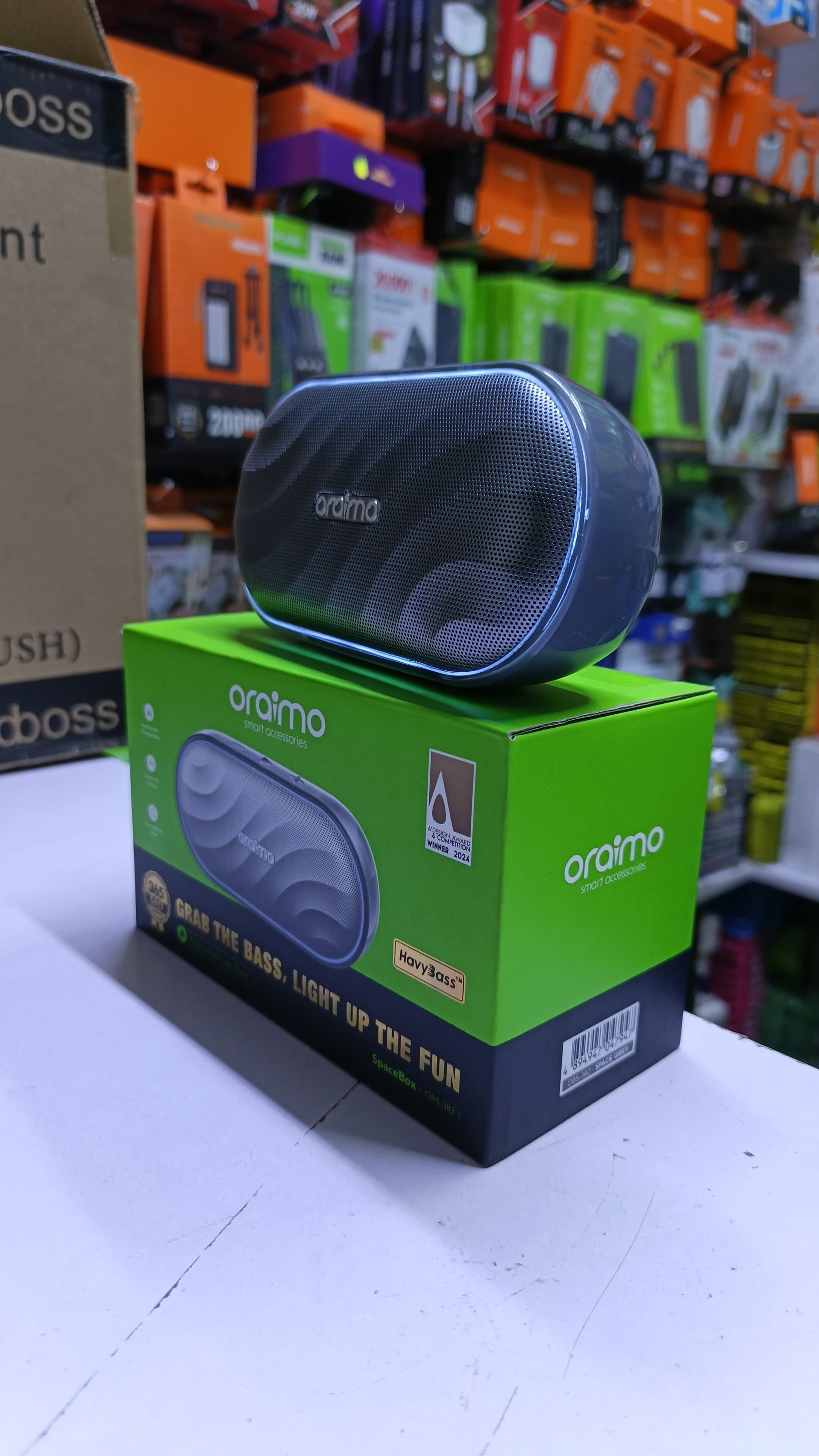 LIMITED OFFER!! Oraimo SpaceBox Bluetooth Speaker -8W, FM/USB/TF/AUX Support, Powerful Booming Bass, Personalized Light Show, PlaytimeBoost Mode, Custom EQ Settings