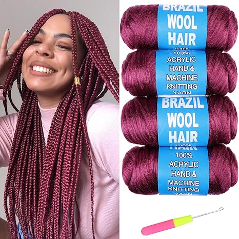 Brazilian Fashion 3pcs Brazilian Wool Brazilian Wool Hair for Braids Acrylic Hand Knitting Wool Yarn for Faux Locs Crochet Hair African Crochet Box Braids Senegalese Twist Jumbo Braids Braiding Hair