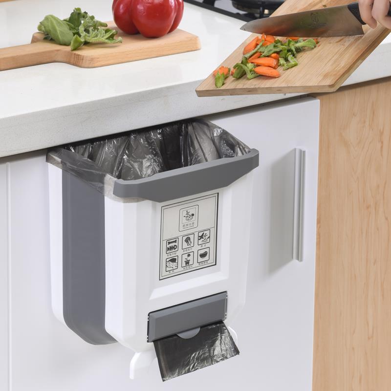 New kitchen trash can hanging household foldable wall hanging cabinet door kitchen debris dry and wet classified storage basket Foldable Collapsible