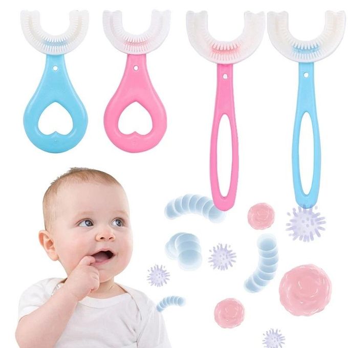 U-shaped Baby Toothbrush Children 360 Degree Child Toothbrushes Teethers Soft Silicone Toddlers Brush Kids Teeth Oral Care Cleaning Newborn Silicone Baby Toothbrush, 1-2 Years