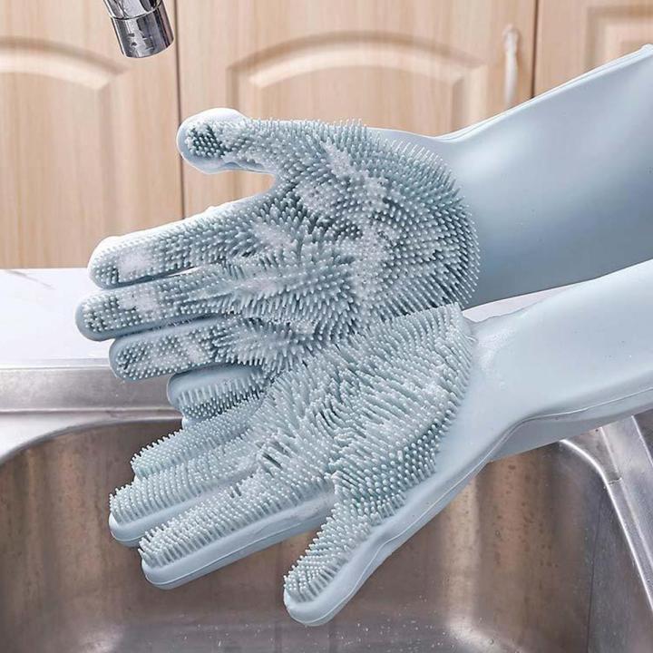 Generic Reusable Silicone Dish washing Gloves, Pair Of Rubber Scrubbing Gloves For Dishes, Wash Cleaning Gloves With Sponge Scrubbers For Washing Kitchen, Bathroom & More