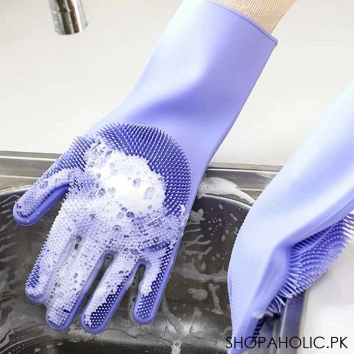 Generic Reusable Silicone Dish washing Gloves, Pair Of Rubber Scrubbing Gloves For Dishes, Wash Cleaning Gloves With Sponge Scrubbers For Washing Kitchen, Bathroom & More