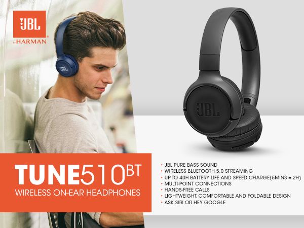 Brand New JBL Tune 510BT: Noise-cancelling Wireless On-Ear Headphones with Purebass Sound Hands free calls Foldable design light weight earphones