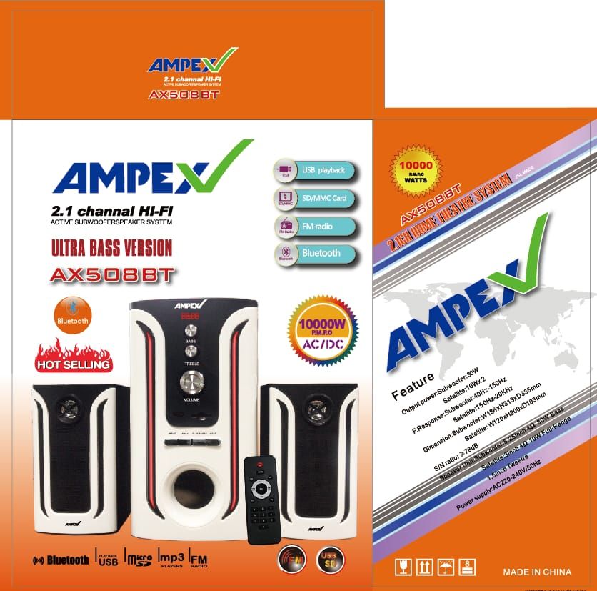 Ampex 508 Woofer System AX508BT Home theatre Speaker system Sub Woofer Bluetooth USB FM 10000W Super Bass High tech Multimedia Subwoofer system