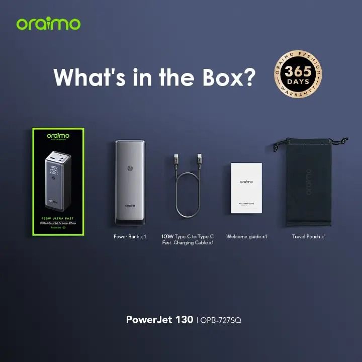 Oraimo Powerjet 130W 27600mAh 130 727 Square Power Jet Laptop Power Bank Phone Powerbank Ultra-Fast Charging Power Bank For type C Smartphones Laptops Tablets