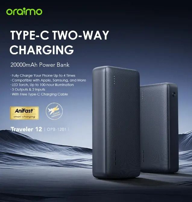Oraimo Traveller 12 Power Bank 20000mAh 10000mAh 12W Smart Fast Charging Slim Portable Power Bank type C in/out Charging universal Compatibility Powerbank with overcharge protection