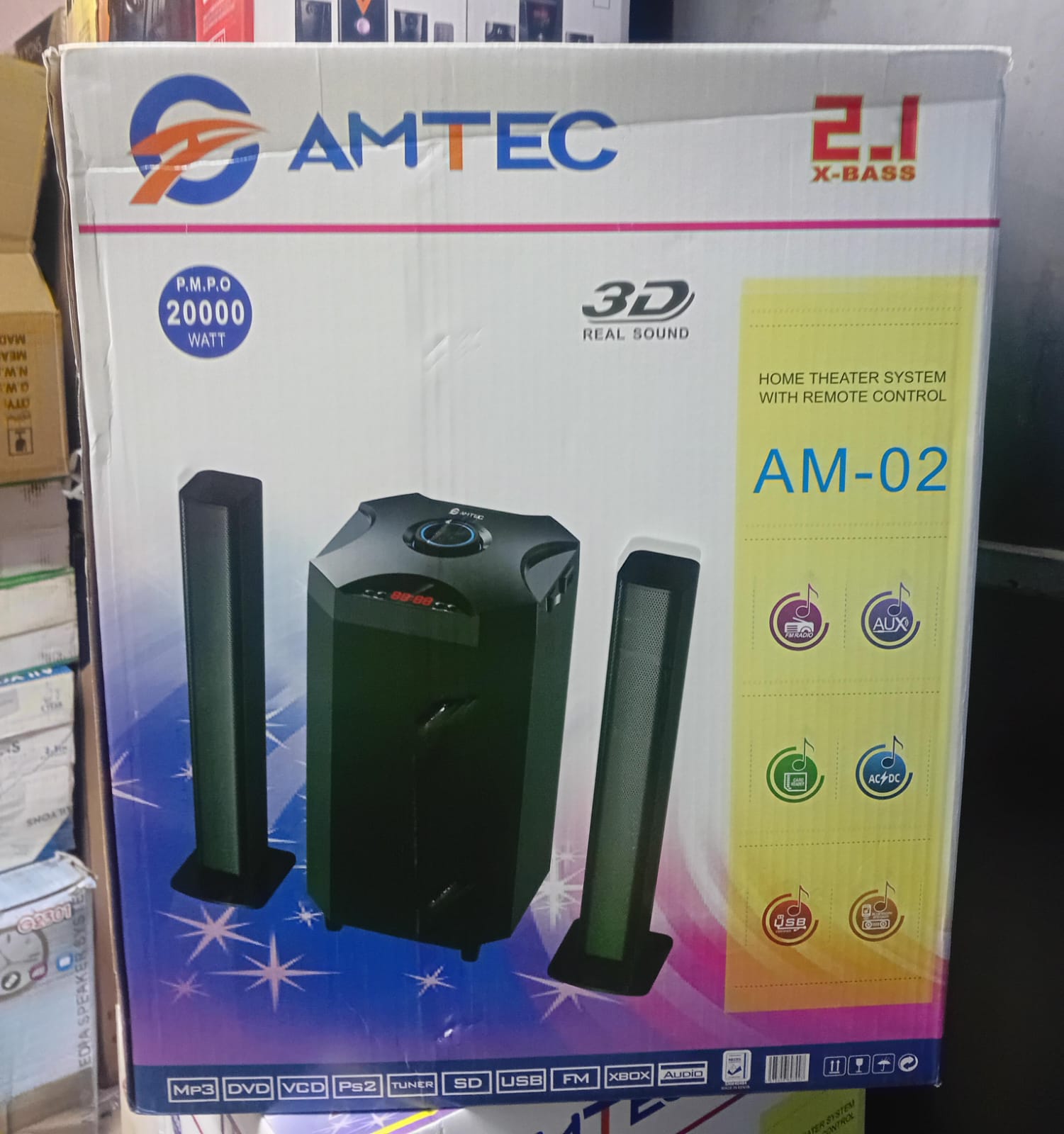 AMTEC AM-02 Tall Boy Speaker System 20000W PMPO 2.1CH Subwoofer Multimedia Home theater Speaker system With Microphone Bluetooth FM USB SD with pure Bass AC/DC Power Remote Control