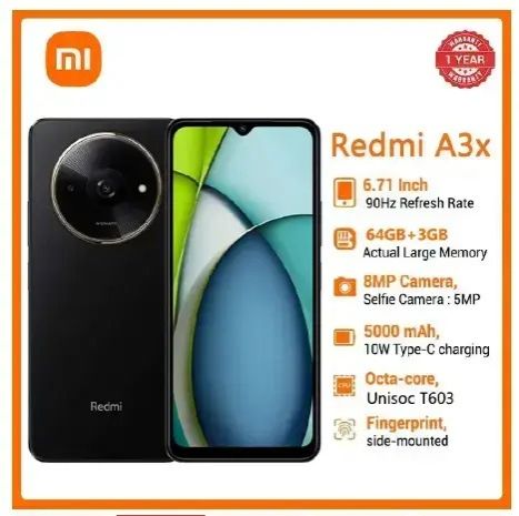 XIAOMI Redmi A3X 6.71" 64GB+3GB RAM 4G Network 5000mAh Battery 8MP AI Camera 10W Fast Charging Fingerprint Sensor Android 14 Smart Phones