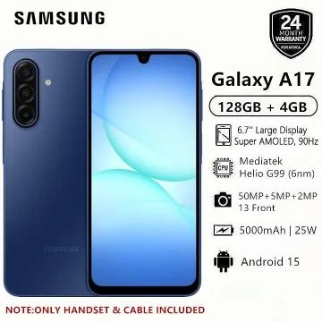 Samsung Galaxy A17 5G 6.7'' 128 GB ROM + 6 GB RAM 5000 mAh 50 MP+ 13 MP camera Android 15 Exynos 1330Octa-core Super AMOLED Fingerprint (side-mounted) smartphones, samsung a17