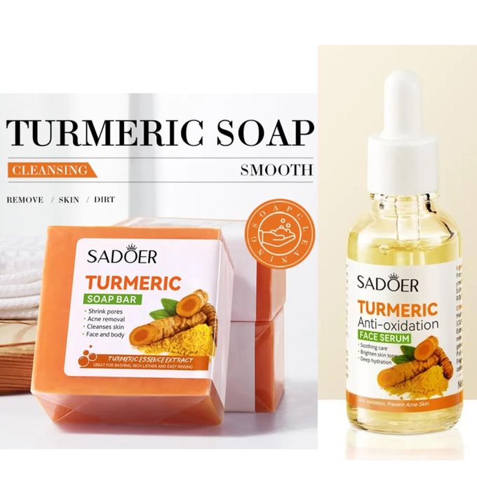 SADOER 2 in 1, Tumeric Soap + Tumeric Soap, Anti Acnes, Face Brightening Turmeric Soap and Turmeric Serum