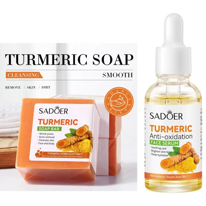SADOER 2 in 1, Tumeric Soap + Tumeric Soap, Anti Acnes, Face Brightening Turmeric Soap and Turmeric Serum