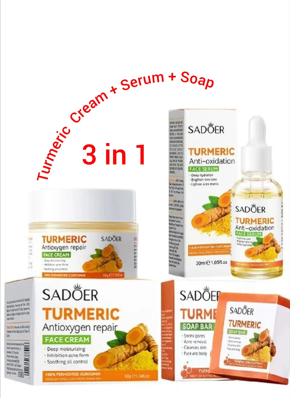 3 Packs Sadoer Turmeric Soap Bar +Serum + Cream Skin Care for Shower, Smoothing and Cleanses Skin Face Wash Soap Face Serum, Face Wash Oily Skin Bar Soap for Face and Body (Serum Soap Sets)