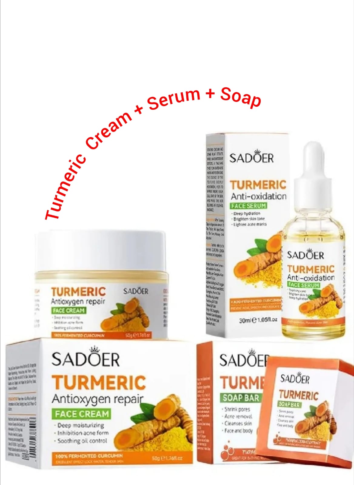 3 Packs Sadoer Turmeric Soap Bar +Serum + Cream Skin Care for Shower, Smoothing and Cleanses Skin Face Wash Soap Face Serum, Face Wash Oily Skin Bar Soap for Face and Body (Serum Soap Sets)