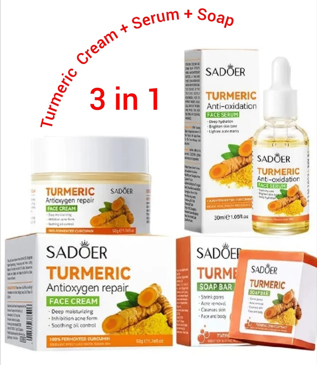 3 Packs Sadoer Turmeric Soap Bar +Serum + Cream Skin Care for Shower, Smoothing and Cleanses Skin Face Wash Soap Face Serum, Face Wash Oily Skin Bar Soap for Face and Body (Serum Soap Sets)