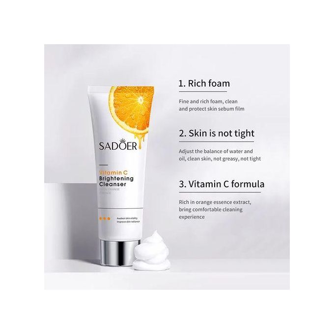 Sadoer Vitamin C Brightening cleanser Vitamin C brightening face wash is an advanced skin brightening and anti-aging cleanser. The formulation with melanin blockers helps lighten pigmentation, the ric