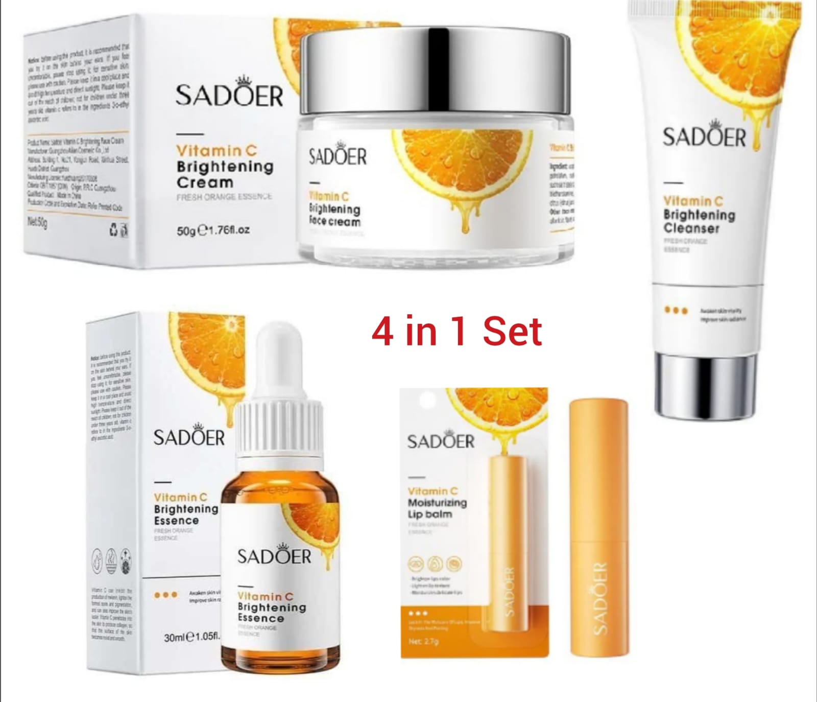 Set 4 in 1, SADOER Vitamin C Cleanser + Vitamin C Cream+ Face Brightening Serum+ Vitamin C Lip Brightening Lip balm Revitalize your skin with our  skincare routine set, designed to rejuvenate