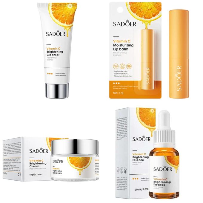 Set 4 in 1, SADOER Vitamin C Cleanser + Vitamin C Cream+ Face Brightening Serum+ Vitamin C Lip Brightening Lip balm Revitalize your skin with our  skincare routine set, designed to rejuvenate