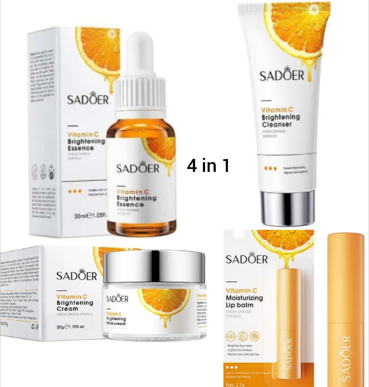 SADOER Set 4 in 1, Vitamin C Serum + Vitamin C Crea m+ Face Brightening Cleanser + Vitamin C Lip Brightening Lip balm Revitalize your skin with our  skincare routine set, designed to rejuvenate