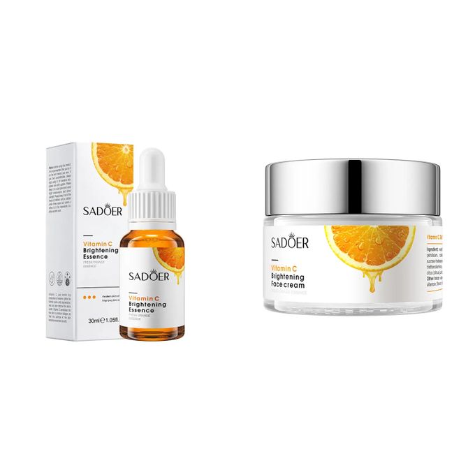 Sadoer 2 in 1 Set of Vitamin C Face Brightening Cream + Vitamin C Face Brightening Essence/Serum, Brightens Skin, Moisturize, Fade Dark Spots, Makes the Skin Glow