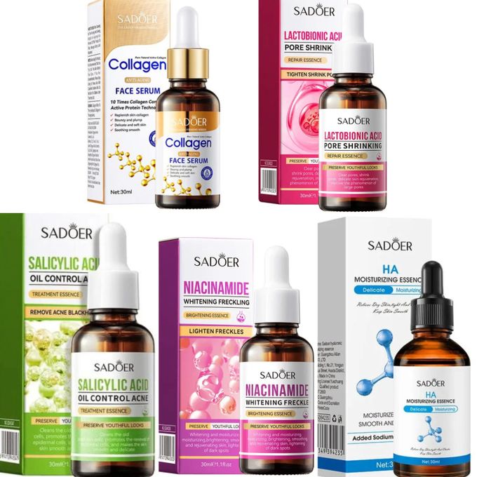 5 SADOER Serums, Collagen Anti Aging + Lactobionic Pore Shrinking + Salicylic Acne Treatment + Niacinamide Face Brightening + Hyaluronic Acid Moisturizing Serums