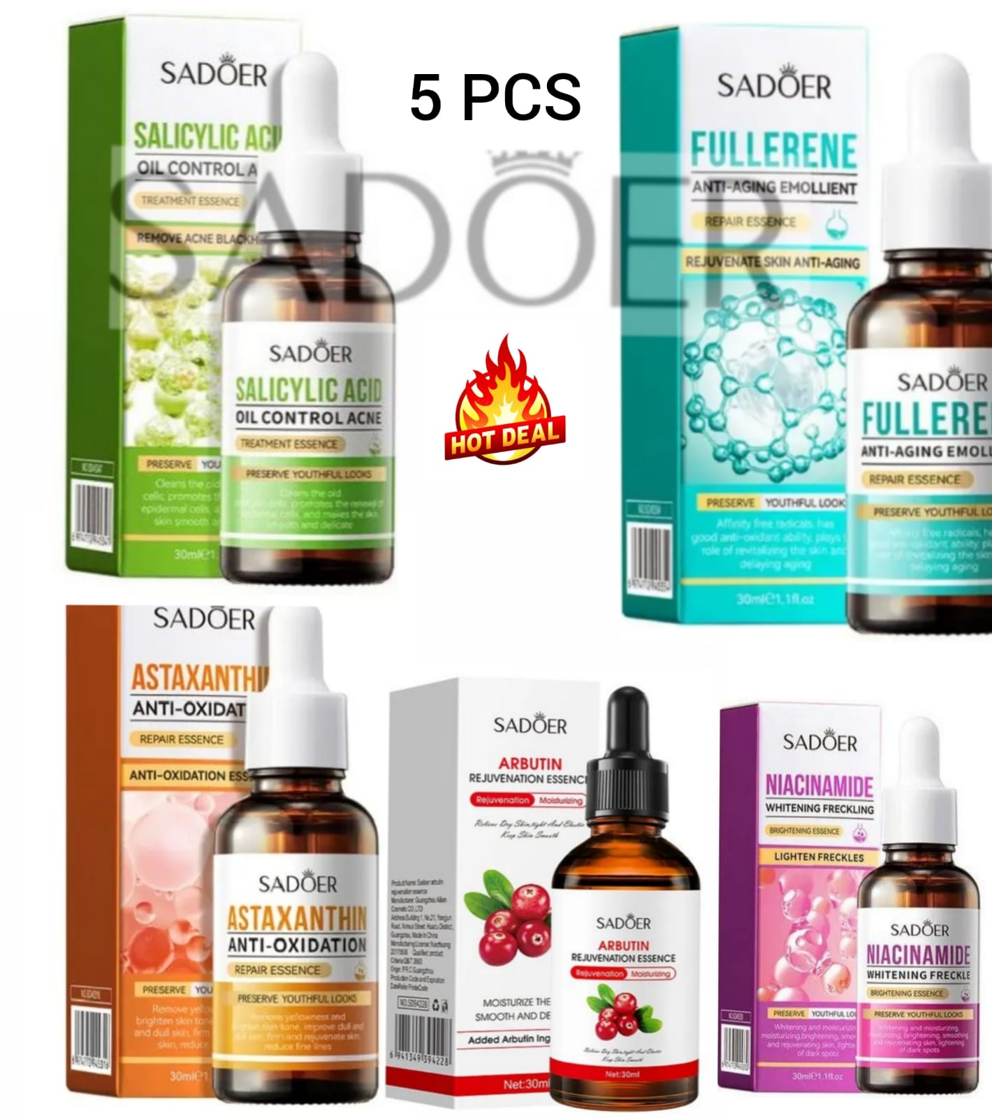 5 in 1 SADOER PAck Anti Acnes Salicylic AcidEssence, Oil Control+ Fullerene Anti Aging Rejuvenate Repair Essence+Skin Rejuvenating Alpha Arbutin Serum+ Astaxanthin Anti-Oxidation Deep Hydrating Face S