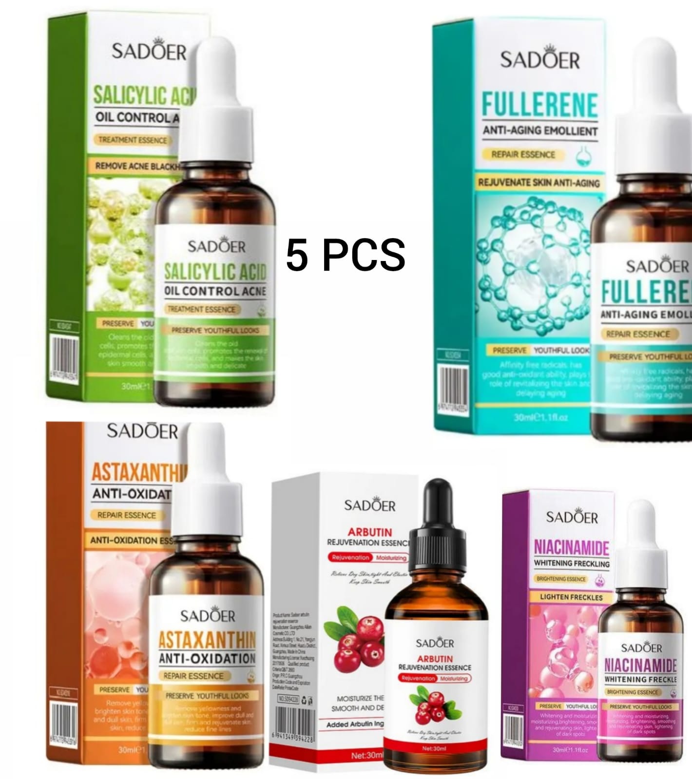 5 in 1 SADOER PAck Anti Acnes Salicylic AcidEssence, Oil Control+ Fullerene Anti Aging Rejuvenate Repair Essence+Skin Rejuvenating Alpha Arbutin Serum+ Astaxanthin Anti-Oxidation Deep Hydrating Face S