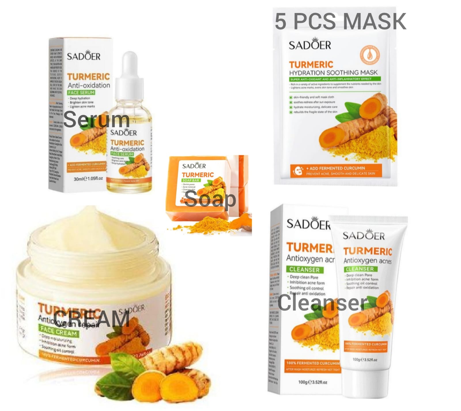 9 Pieces Set SADOER Tumeric  moisturizing and skin glowing Set:  Turmeric  Face Cream + Serum +Soap + 5 Face Masks + Face Cleanser For Treating Dark Spots, Anti-wrinkles, Smoothening& Improving Ski