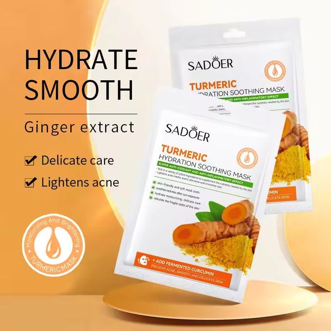 9 Pieces Set SADOER Tumeric  moisturizing and skin glowing Set:  Turmeric  Face Cream + Serum +Soap + 5 Face Masks + Face Cleanser For Treating Dark Spots, Anti-wrinkles, Smoothening& Improving Ski