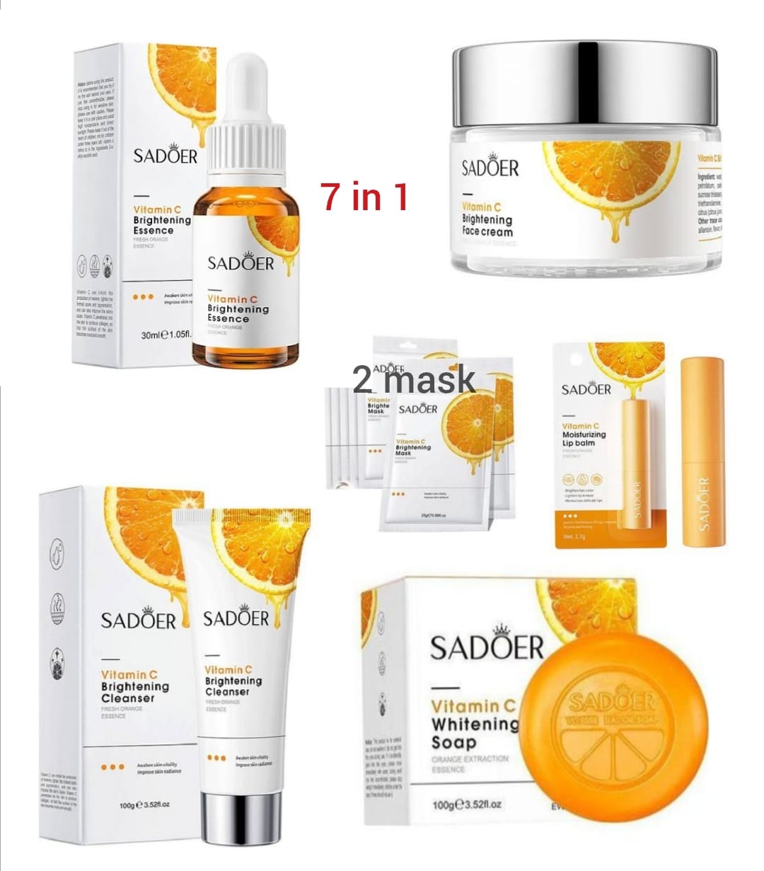 SADOER 7 in 1 Vitamin C Skin Care Set, Skincare Routine Set, Facial Skin Care Products,  Gift Set with Serum, Soap, Cleanser,Cream,lip balmand 2 Mask, Anti-Aging Skin Care Kit for Firming & Hydrating