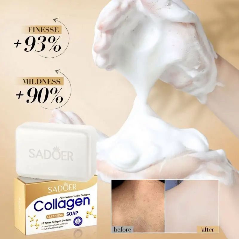 SADOER Collagen Soap With 10 Times Collagen Content Moisturizing Soothing Cleansing Soap Organic Skin Care Collagen Facial Soap Made With 100% Pure Natural Active Collagen Beauty Soap