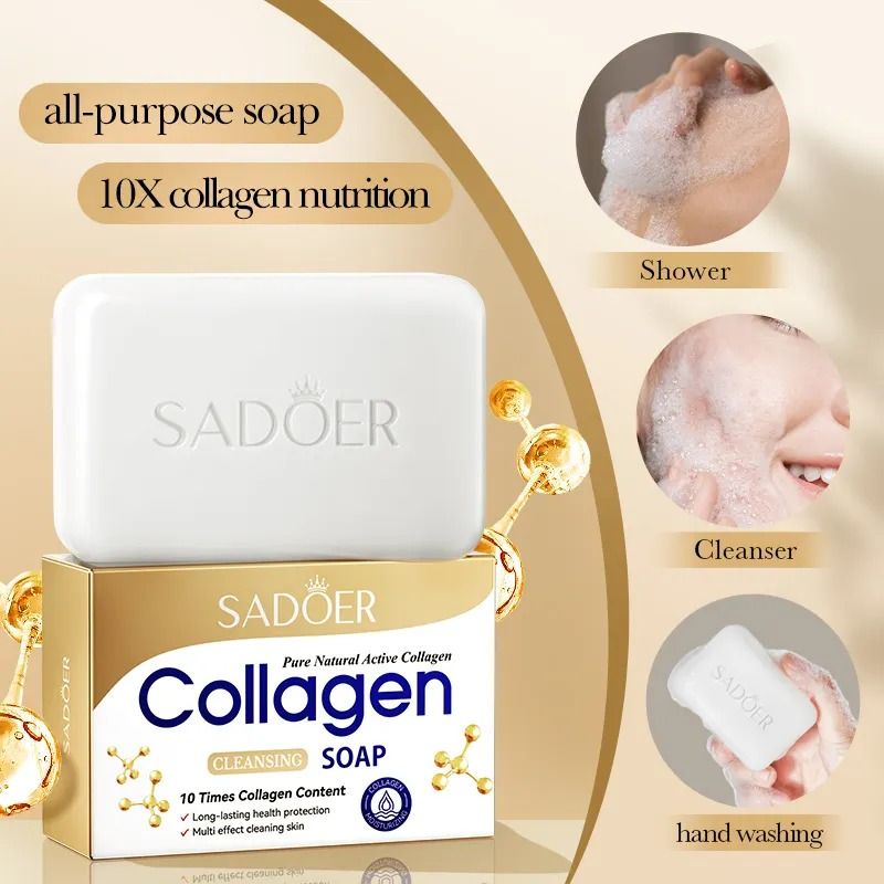 SADOER Collagen Soap With 10 Times Collagen Content Moisturizing Soothing Cleansing Soap Organic Skin Care Collagen Facial Soap Made With 100% Pure Natural Active Collagen Beauty Soap