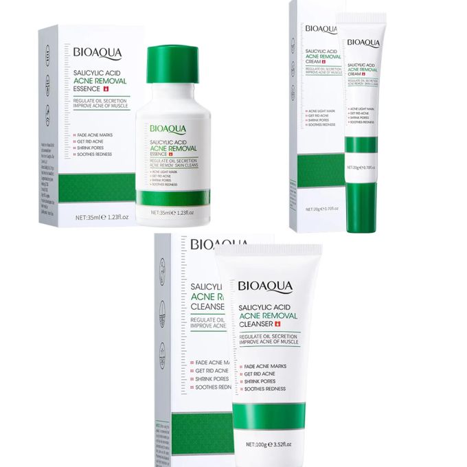 BIOAQUA 3 in 1,Salicylic Acid Acne Treatment,Oil Control Combo, Salicylic Cleanser+Salyclic Essence +Cream 20g Fades Acne Marks, Eliminates Pimples, Soothes Redness, Shrink Pores Black Heads, Pimples