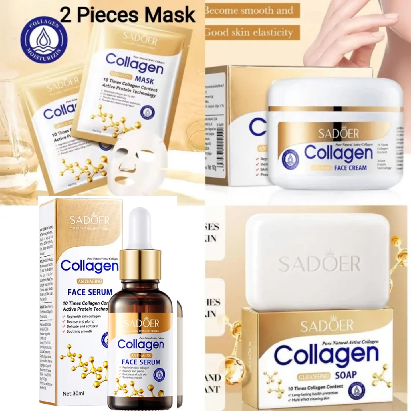 SADOER 5 Pieces, Collagen Soap + Collagen Face Serum + 2 Pieces Face Mask Moisturizing Face Mask +Anti Aging Collagen Cream Premium Skin Cream - Anti Aging Face and Body Moisturizer, Intense Skin Hydr