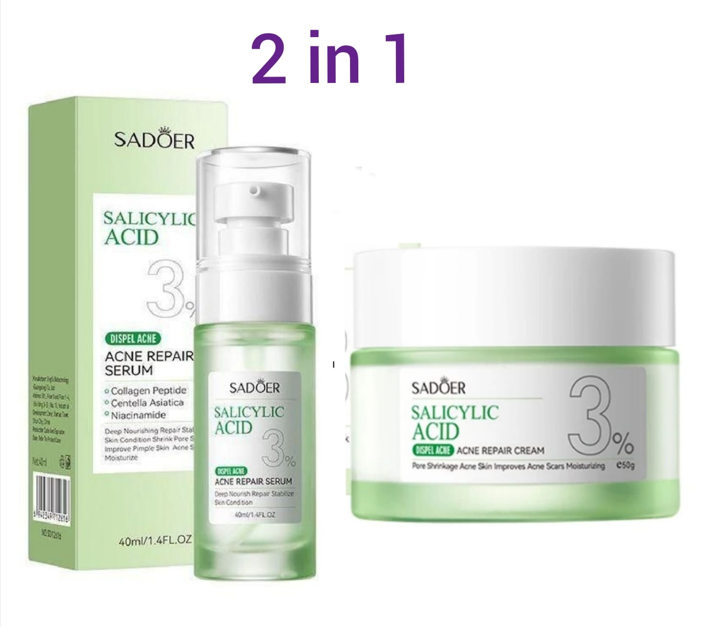SADOER 2 in 1 Acne Repair Serum+Cream Salicylic Acid 3% Amino Salicylic Acid Oil Control Essences Cleanser,Contains Centella Asiatica, Niacinamide and Collagen Salicylic Acid Salycilic Acid
