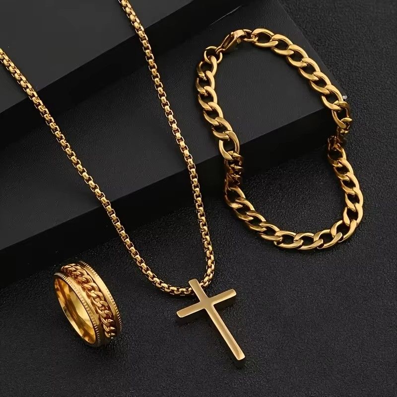 3 Pieces/Set Men's Versatile Alloy Jewelry Set, Cross Necklace+Bracelet+Ring Set