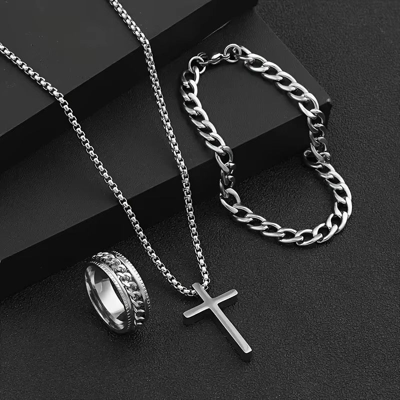 3 Pieces/Set Men's Versatile Alloy Jewelry Set, Cross Necklace+Bracelet+Ring Set