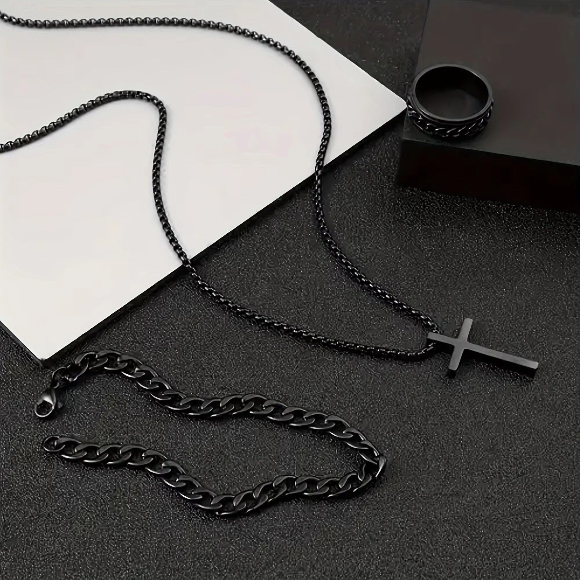 3 Pieces/Set Men's Versatile Alloy Jewelry Set, Cross Necklace+Bracelet+Ring Set