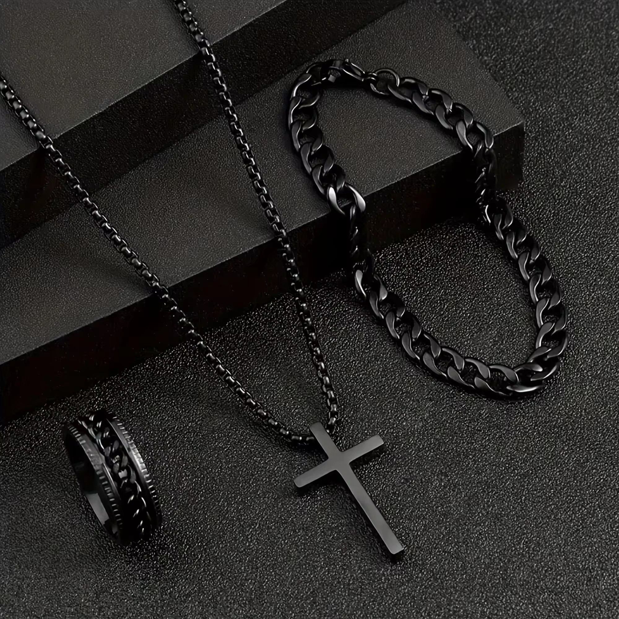 3 Pieces/Set Men's Versatile Alloy Jewelry Set, Cross Necklace+Bracelet+Ring Set