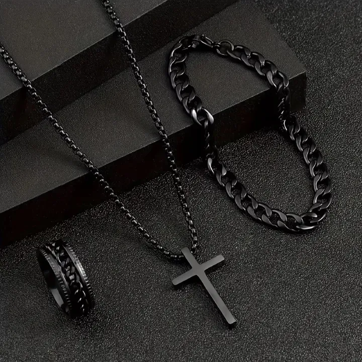3 Pieces/Set Men's Versatile Alloy Jewelry Set, Cross Necklace+Bracelet+Ring Set