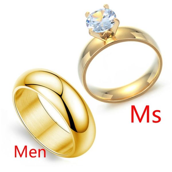 1pc Titanium Steel Large Zircon Couple Ring Men and Women Promise Gold Ring Valentine's Day Gift Wedding Engagement Ring