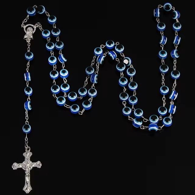 8mm Turkish Jewelry Blue Eye Necklaces For Men / Women Trendy Saint Benedict Rosary Cross Long Necklace