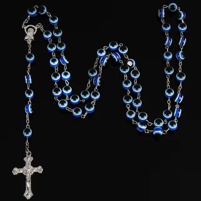 8mm Turkish Jewelry Blue Eye Necklaces For Men / Women Trendy Saint Benedict Rosary Cross Long Necklace