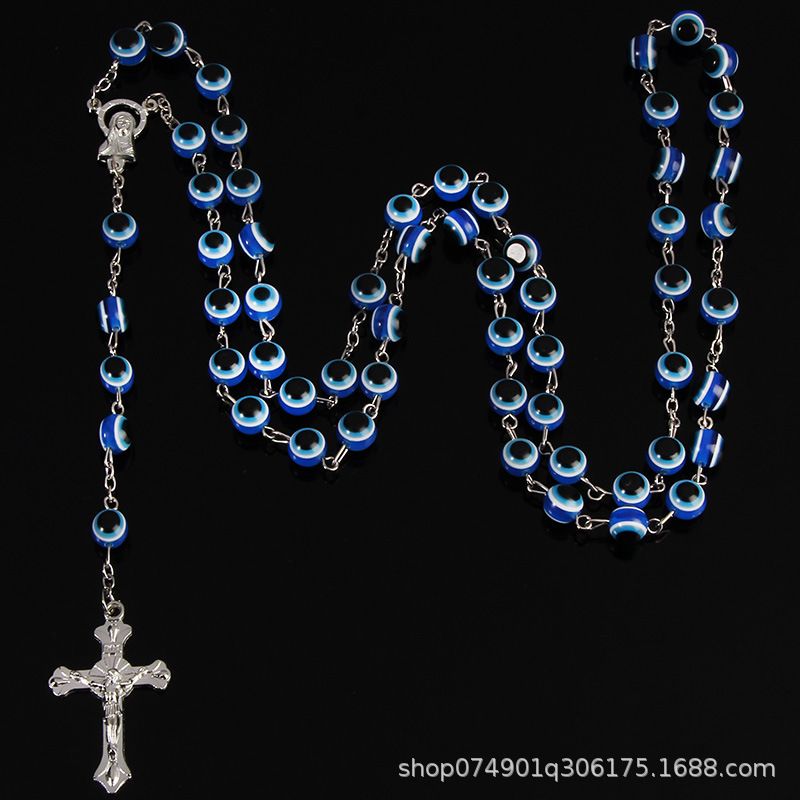 8mm Turkish Jewelry Blue Eye Necklaces For Men / Women Trendy Saint Benedict Rosary Cross Long Necklace