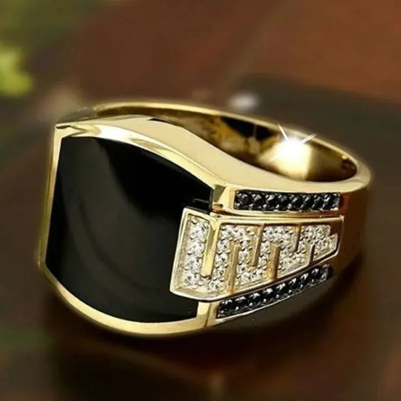Classic Men's Ring Fashion Metal Gold Color Inlaid Black  Zircon Punk Rings for Men Engagement Wedding Luxury Jewelry
