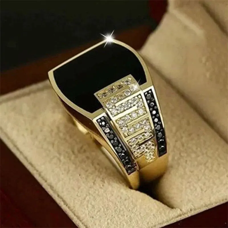 Classic Men's Ring Fashion Metal Gold Color Inlaid Black  Zircon Punk Rings for Men Engagement Wedding Luxury Jewelry