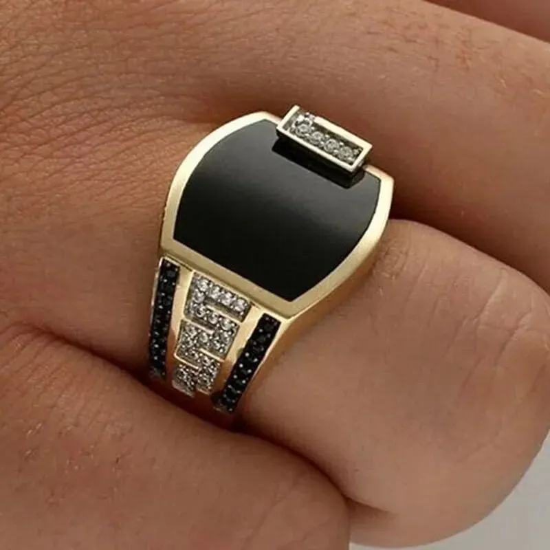 Classic Men's Ring Fashion Metal Gold Color Inlaid Black  Zircon Punk Rings for Men Engagement Wedding Luxury Jewelry