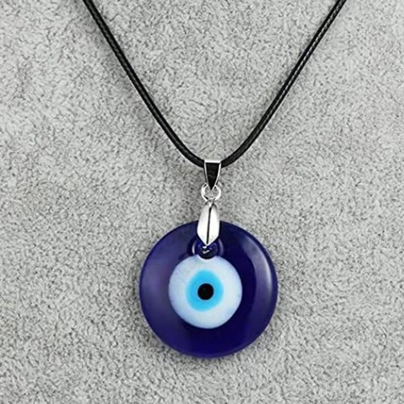 Evil Eye Necklace, Blue Eye Charm 30mm,  Men Evil Eye Jewelry, Greek Leather Pendant Necklaces