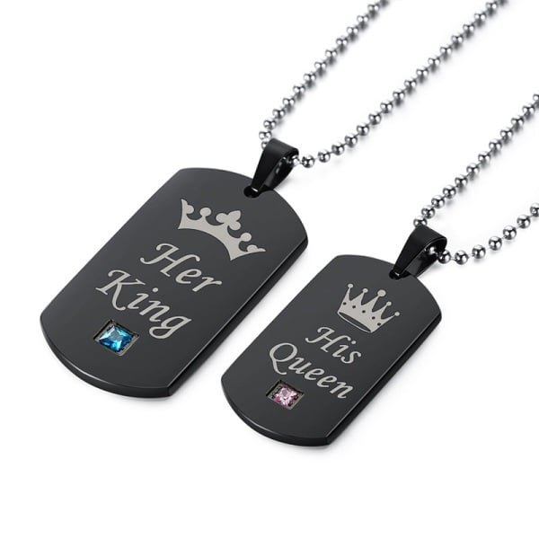 Her King & His Queen Couple Necklaces Black Stainless Steel Pendant Necklace