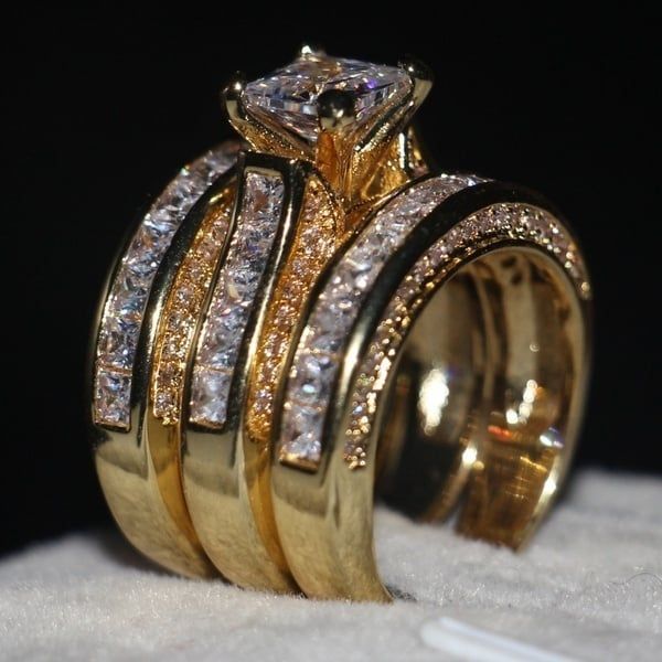 Zircon Three-piece Sparkly Rings for Princess Women Men Wedding Engagement Silver Plated Finger Ring Set Jewelry