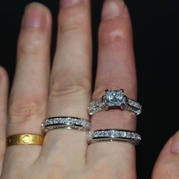 Zircon Three-piece Sparkly Rings for Princess Women Men Wedding Engagement Silver Plated Finger Ring Set Jewelry